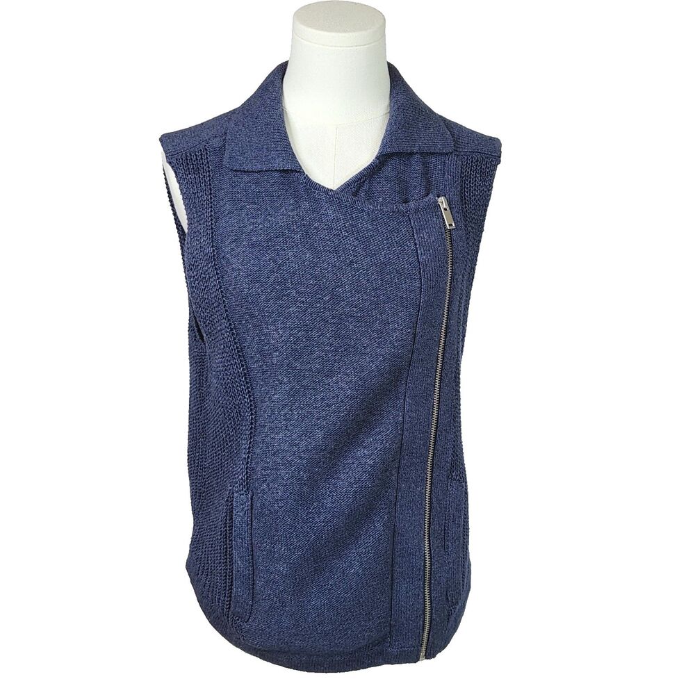 Banana Republic Cotton Linen Asymmetrical Moto Zip Knit Sweater Vest Blue M